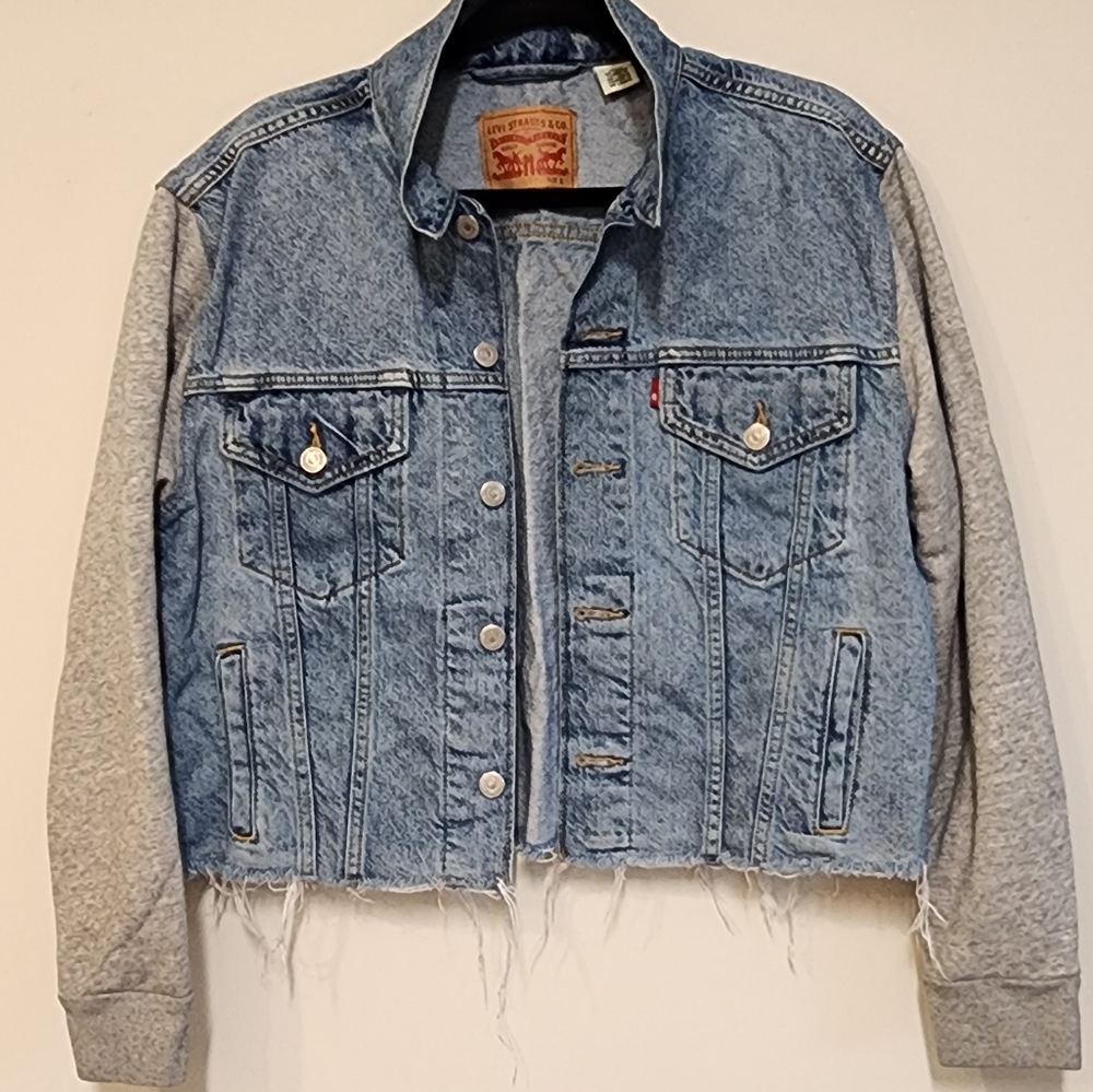 Denim Jean Blue Levi's Cropped Jacket with Grey Sweatshirt Sleeves